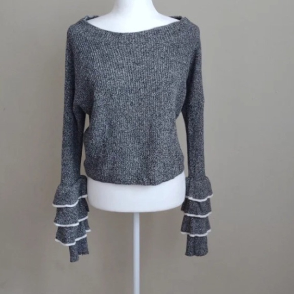 Gray Ruffle Sleeve Sweater